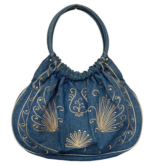 Vintage Handbags - Vintage Denim Boho Handbag Circle Handle